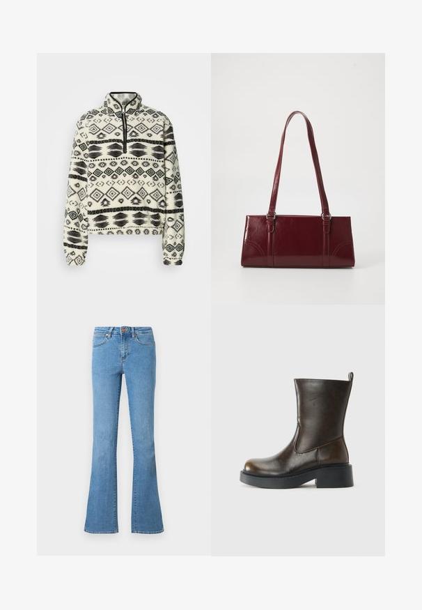 Pull-over en polaire avec fermeture éclair à moitié, arborant un motif géométrique noir et blanc, col arrondi et poignets élastiques. Surface douce et texturée.; Jean en denim bleu clair avec une taille mi-haute, cinq poches, fermeture par bouton et fermeture éclair, et des bas légèrement évasés.; Botte en cuir marron foncé jusqu'au mollet avec un bout rond, épaisse semelle noire, petit talon block, et une languette à l'arrière.; Sac à main bordeaux en matériau brillant, de forme rectangulaire, avec deux anses et des accents légèrement courbés à l'avant.