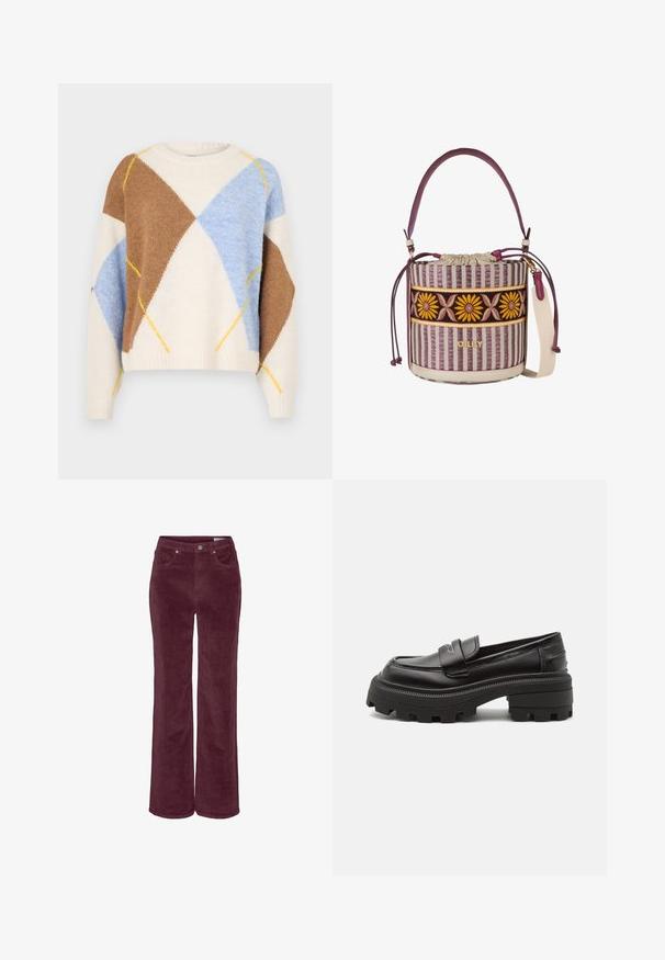 Noisy May NMARMIE ARGYLE - Jersey de punto - cloud dancer/multi coloured; Pantalones de pana con diseño de pierna ancha, en un color burdeos intenso. Presentan bolsillos delanteros y trabillas para cinturón, con un acabado de tela texturizada.; Buffalo NABU LOAFER - Zapatos sin cordones - black; Bolso tipo cubo a rayas en colores burdeos y beige, con banda bordada con flores, cierre de cordón, asa corta y correa de hombro beige desmontable.