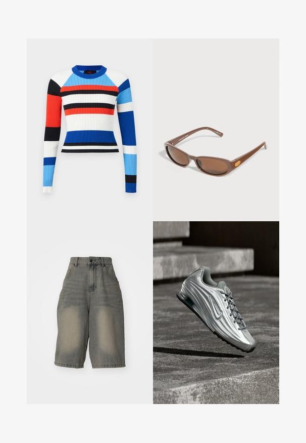 Ribbet langtærmet cropped sweater med horisontale striber i blå, rød, sort, hvid og lyseblå farver på ensfarvet baggrund.; Jaded London LIGHT WASH JUMBO JORTS - Denimshorts - light wash; Sølvfarvet Nike-sneakers med tekstureret sidelayout og grå snørebånd, svævende over betontrin i en afdæmpet udendørs omgivelser.; Brune rektangulære solbriller med let buede linser og tynde arme, der hviler på en lysegrå overflade.