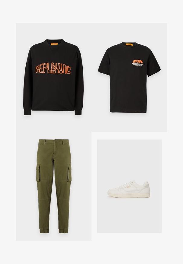 Sort sweatshirt lavet af bomuld med v-hals og lange ærmer. "REPLAYING" er trykt i orange med rundet udgave.; Sort bomuld t-shirt med korte ærmer, der har et orange og hvidt grafisk tekstdesign på forsiden. Rund halsudskæring, afslappet pasform.; Olivengrønne cargo-bukser med elastiske manchetter, der har to sidelommer, en frontlukning med knap og et glat, let materiale.; Hvide lædersneakers med en glat overflade, der har perforerede detaljer, snørebånd fortil og et diskret logo i guld nær siden.
