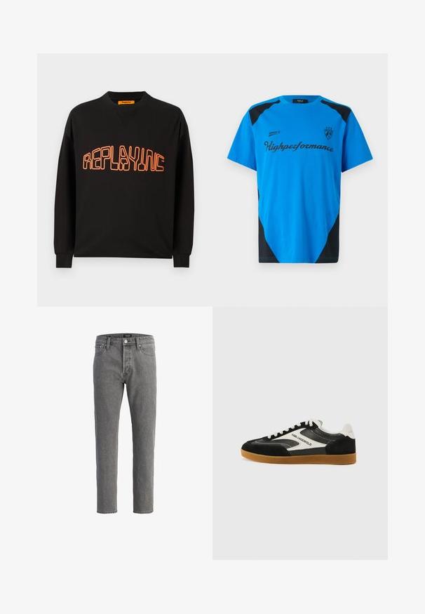 Zwarte sweatshirt van katoen met een v-hals en lange mouwen. "REPLAYING" is in het oranje gedrukt, omrand in een afgeronde stijl.; Replay SHORT SLEEVE GRAPHIC - T-shirt print - azzurro; Grijze denim jeans met een rechte snit, vijf-pocket ontwerp en metalen knoopsluiting. De stof heeft een zachte, gestructureerde afwerking.; Zwart-witte low-top sneakers van suède en leer, met een gumrubberen zool en een logo detail van "Karl Lagerfeld".
