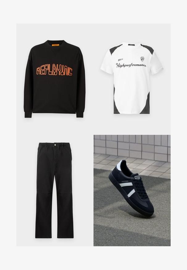 Zwarte sweatshirt van katoen met een v-hals en lange mouwen. "REPLAYING" is in het oranje gedrukt, omrand in een afgeronde stijl.; Witte T-shirt met korte mouwen en zwarte accenten. Bevat het logo "REPLAY FC" en de tekst "Highperformance" in een sportieve lettertype. Gemaakt van een glad materiaal.; Zwarte katoenen broek met een elastische tailleband, voorzien van een recht model, een gladde textuur en zonder zichtbare accenten of patronen.; Zwarte leren sneaker met witte strepen, een gestructureerde rubberen zool en vetersluiting aan de voorkant. Voorzien van een merklabel op de tong.
