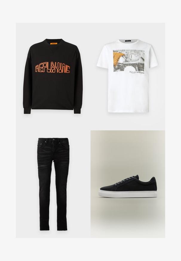 Schwarzer Sweatshirt aus Baumwolle mit V-Ausschnitt und langen Ärmeln. "REPLAYING" ist in Orange aufgedruckt, umrissen in einer abgerundeten Schriftart.; Weißes T-Shirt mit kurzen Ärmeln, bedruckt mit einem schwarz-weißen Motorradmotiv, einem orangefarbenen Leopardenmuster-Stoff und dem Schriftzug "Replay Custom Garage" auf der Vorderseite.; Schwarze Skinny-Jeans mit einer glatten Denim-Oberfläche, traditionellem Fünf-Taschen-Design, Reißverschluss und dezenten Ausbleichungen auf dem Stoff.; Schwarzer Low-Top-Sneaker mit weißer Gummisohle, Schnürdesign und gepolstertem Kragen, dargestellt auf neutral grauem Hintergrund.