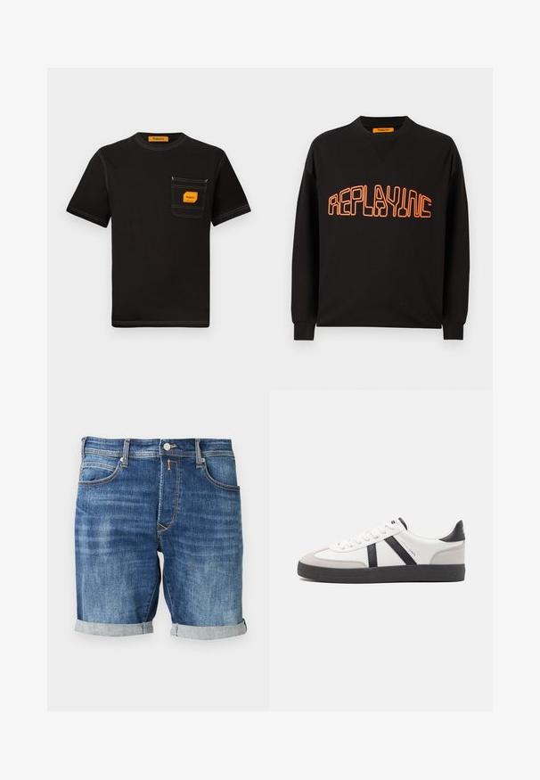 Schwarzer Sweatshirt aus Baumwolle mit V-Ausschnitt und langen Ärmeln. "REPLAYING" ist in Orange aufgedruckt, umrissen in einer abgerundeten Schriftart.; Schwarzes Baumwoll-T-Shirt mit Rundhalsausschnitt, kurzen Ärmeln und einer Brusttasche, die ein oranges Etikett und kontrastierende Nähte aufweist.; Jeansshorts in mittlerem Blauton, mit klassischem Design, umgeschlagenem Saum, kontrastierender Naht und Vordertaschen.; Weiße Sneaker mit schwarz- und grau-aczenten, ausgestattet mit einer strukturierten grauen Zehenkappe, schwarzer Gummi-Sohle und flachen weißen Schnürsenkeln. Sauberes Design, minimalistische Stil.