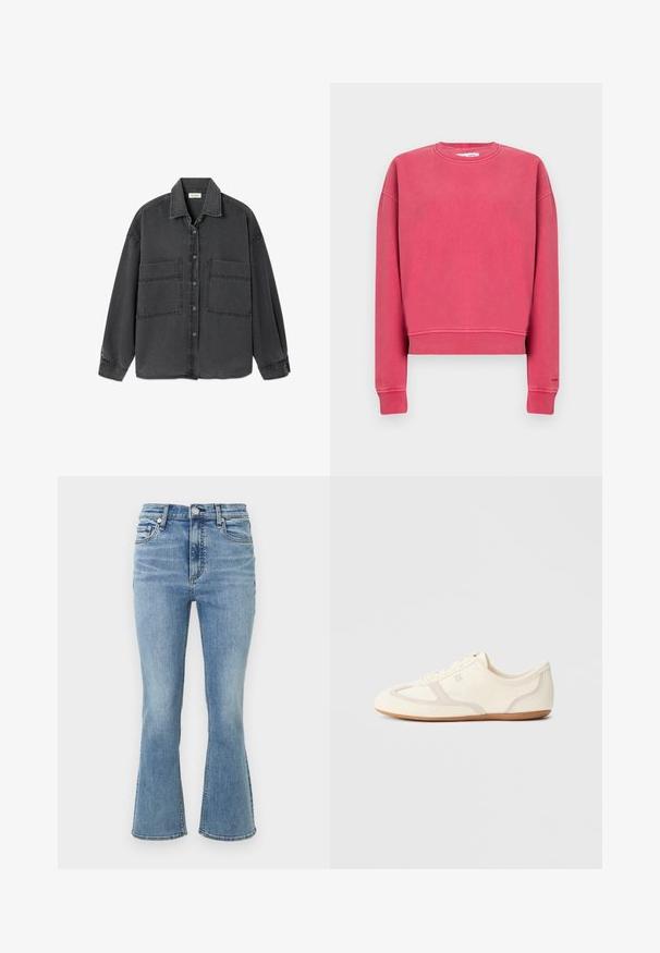 Felroze crewneck-trui met lange mouwen en geribbelde boorden bij de mouwen en taille, plat liggend tegen een egale achtergrond.; Donkergrijze denim blouse met knopen, twee grote voorzakken en een klassieke kraag, plat gelegd op een witte achtergrond.; Lichtblauwe spijkerbroek met een hoge taille, knoop- en ritssluiting, voorzakken en licht uitlopende pijpen.; Crème-witte sneakers met een bovenwerk van suède en stof, een afgeronde neus en een rubberen zool met een beige accentdetail. Vetersluiting.
