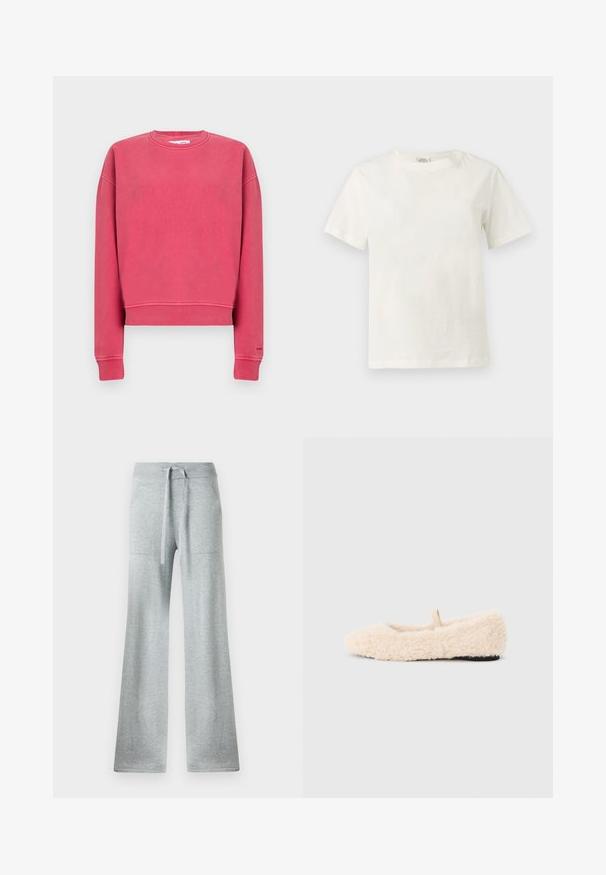 Felroze crewneck-trui met lange mouwen en geribbelde boorden bij de mouwen en taille, plat liggend tegen een egale achtergrond.; Effen witte katoenen T-shirt met korte mouwen en ronde hals, weergegeven op een neutrale lichtgrijze achtergrond.; Grijze flare sweatpants met een geribbelde tailleband en een trekkoord, voorzien van zijzakken en een zachte, gestructureerde stof.; Pluizig, crèmekleurig slipper met een zachte textuur, ronde neus, minimalistisch ontwerp en een klein stoffen lusje aan de achterkant voor gemakkelijk aan- en uittrekken.