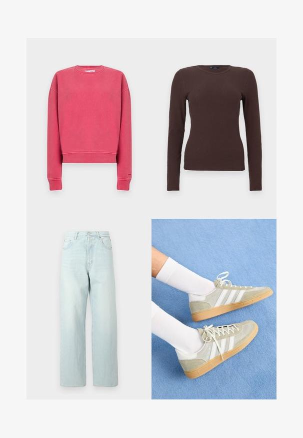 Sudadera de cuello redondo de color rosa brillante con mangas largas y puños y cintura acanalados, mostrada en posición plana sobre un fondo liso.; Top marrón de manga larga ajustada con cuello redondo acanalado y una pequeña etiqueta de GAP en el cuello, mostrado sobre un fondo blanco.; Vaqueros de mezclilla azul claro de pierna ancha con cintura alta, que cuentan con cinco bolsillos, cierre de botón y un sutil efecto desgastado.; Zapatillas de ante gris claro con acentos de goma blanca, que presentan tres franjas blancas y una suela de goma, llevadas con calcetines blancos sobre un fondo azul.