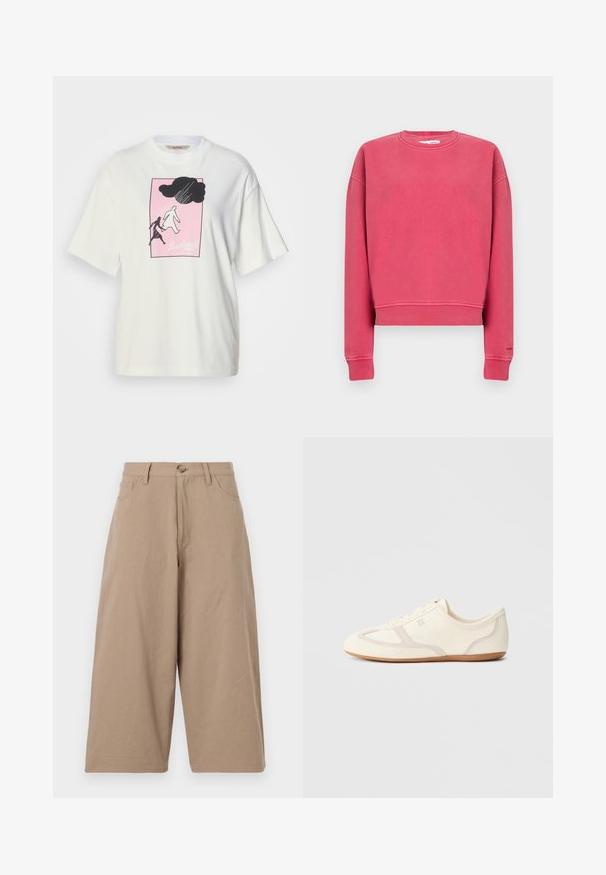 Sweat-shirt rose vif à col ras du cou avec manches longues et poignets et taille côtelés, présenté à plat sur un fond uni.; T-shirt blanc à manches courtes en coton, avec un motif graphique noir et blanc sur fond rose et le texte « Barbour » en bas.; Pantalons larges kaki en coton, dotés d'une taille haute, de poches frontales et d'une fermeture à bouton unique. Texture lisse et coupe droite.; Baskets couleur crème avec une tige en daim et tissu, un bout arrondi, et une semelle en caoutchouc avec un détail accent beige. Fermeture à lacets.