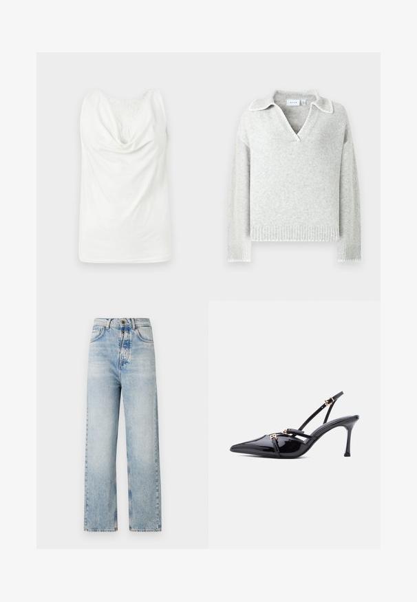 Pull en maille gris clair avec un col en V et un col, présentant des poignets et un ourlet côtelés, ainsi que des détails à bords festonnés.; Blouse blanche sans manches avec col bénitier et panneau en dentelle sur le haut de la poitrine, présentée à plat sur un fond clair.; Jean bleu clair avec une coupe droite, fabriqué en denim. Il dispose de cinq poches, d'une fermeture à boutons et d'un léger effet délavé sur l'ensemble.; Escarpin slingback à bout pointu en cuir verni noir avec fines brides et petites boucles dorées sur fond blanc.