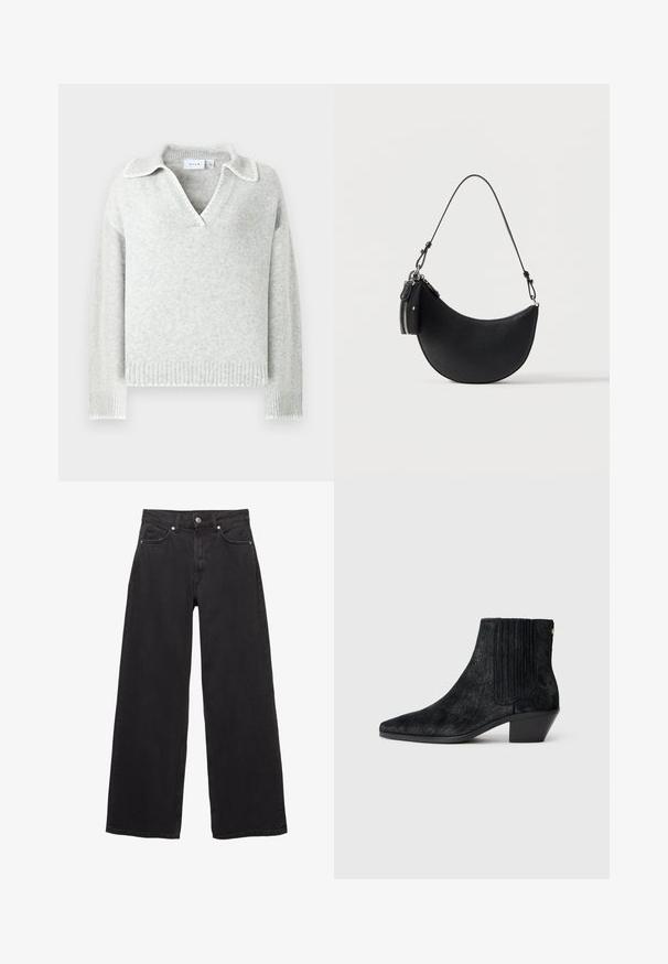 Hellgrauer gestrickter Pullover mit V-Ausschnitt und Kragen, mit gerippten Ärmelbündchen und Saum sowie gewellten Randdetails.; Schwarze Jeans mit weitem Bein aus Denim, ausgestattet mit hoher Taille, fünf Taschen und einem Knopfverschluss mit dezenten Nahtdetails.; Schwarze Knöchelstiefel mit spitzem Zehen, strukturiertem haarähnlichem Material, geripptem Seitenpaneel und niedrigem Blockabsatz. Schlichtes und modernes Design.; Schwarze halbmondförmige Handtasche mit abnehmbarem Riemen und kleinem Reißverschlussfach an der Seite, texturierte Lederoberfläche.