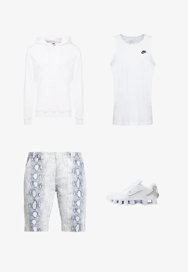 Weißes Kapuzi-Sweatshirt aus weichem Material, mit einer Kängurutasche, verstellbaren Kordeln und gerippten Bündchen und Säumen.; Weiße ärmellose T-Shirt aus Baumwolle. Hat ein schwarzes Nike-Logo auf der linken Brust. Verfügt über einen Rundhalsausschnitt und einen lässigen Schnitt.; Weiße und blaue Schlangenprints-Shorts mit glatter Textur, Knopfverschluss und schlanker Passform. Das Muster zeigt verlängerte, ovale Formen.; Weiße Sportschuhe mit einer strukturierten Oberseite, einem silbernen Swoosh-Logo, Mesh-Einsätzen und einer markanten, segmentierten weißen Sohle.
