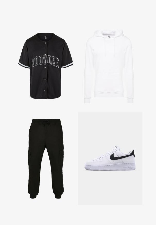 Hvid hætte sweatshirt lavet af blødt stof, med en kængurulomme, justerbare snore og ribbede manchetter og kant.; Sort kortærmet trøje med knaplukning, "ZOOYORK" trykt med fede hvide bogstaver, med kontraststriber i hvid på ærmerne.; Sorte cargo bukser lavet af blødt stof, med elastisk talje og snøre, sidelommer og smalle manchetter.; Hvide lædersneakers med en struktureret sort Swoosh, flade snørebånd og en gummisål med et rillemønster. "AIR" er præget på hælen.