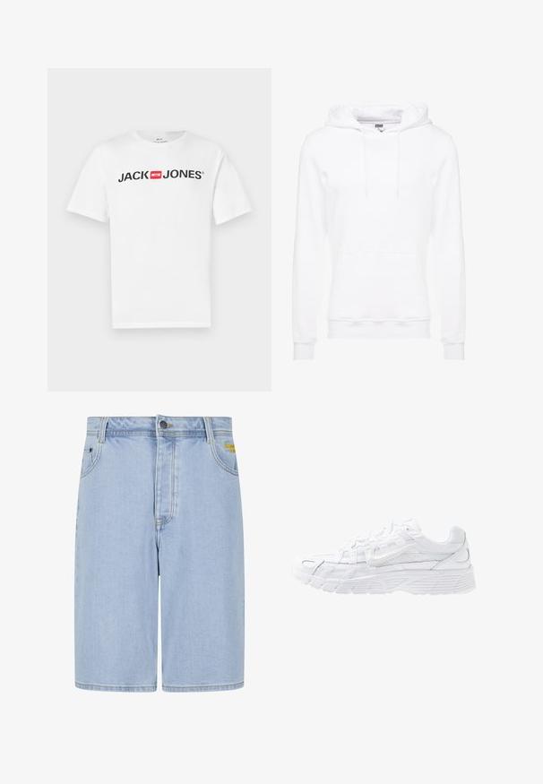 Weißes Kapuzi-Sweatshirt aus weichem Material, mit einer Kängurutasche, verstellbaren Kordeln und gerippten Bündchen und Säumen.; Weißes Baumwoll-T-Shirt mit einem großen schwarzen "JACK & JONES"-Logo und rotem Kastenakzent. Kurze Ärmel und klassischer Rundhalsausschnitt.; Hellblaue Jeansshorts mit Seiten- und Gesäßtaschen, Gürtelschlaufen, vorderem Knopf und Reißverschluss sowie kleiner gelber Stickerei auf der rechten Tasche.; Nike Sportswear P 6000 - Sneaker low - white/platinum tint