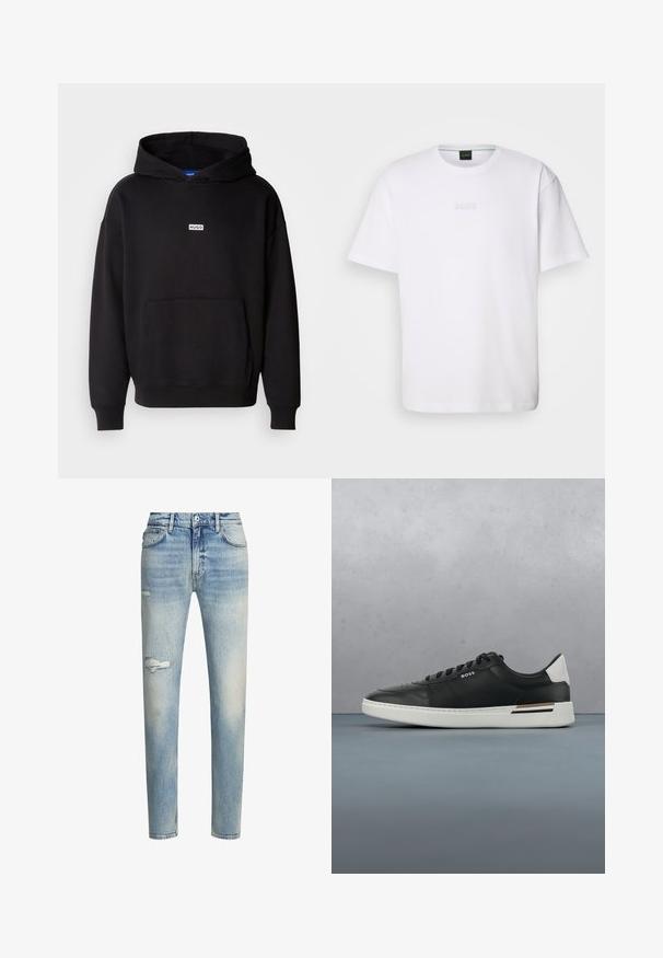 Sudadera con capucha negra hecha de un tejido suave, con un bolsillo canguro en la parte delantera y un pequeño logo blanco "HUGO" en el pecho.; Camiseta de algodón blanca de manga corta, con escote redondo y logotipo grabado de "BOSS" en el pecho. Textura suave, ajuste estándar.; Jeans de mezclilla azul claro avec un acabado desgastado, detalle de rodilla rasgada, corte recto y estilo de cinco bolsillos. Incluye presillas para el cinturón clásicas.; Zapatilla de cuero negra con suela blanca, cuenta con perforaciones, diseño de cordones, logo en el costado y detalle del talón en blanco y marrón.