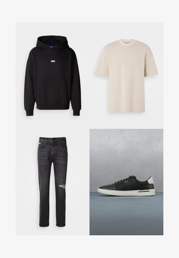 Sort hættetrøje lavet af blødt materiale, med en front kangaroo lomme og et lille hvidt "HUGO" logo på brystet.; Beige ribbet t-shirt med rund hals og korte ærmer, der har et synligt mærkelabel i nederste venstre hjørne.; Sorte denim jeans med lige ben-design, distressed detaljer ved knæene, fem-lommestil og en diskret falmet finish.; Sort lædersneaker med hvid sål, har perforeringer, snørebåndsdesign, logo på siden og kontrasterende hældetalje i hvid og brun.