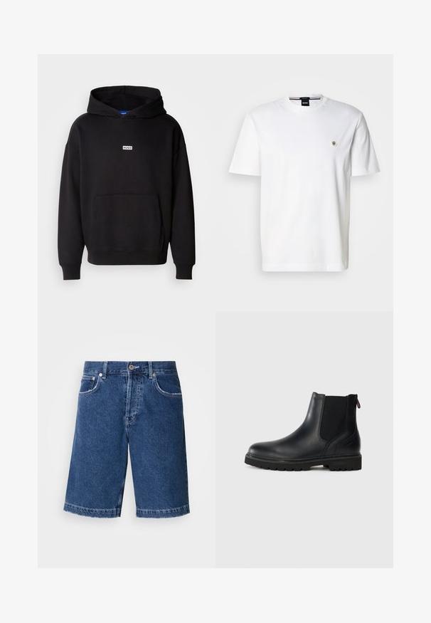 Schwarzer Kapuzenpullover aus weichem Stoff, mit einer vorderen Kängurutasche und einem kleinen weißen "HUGO"-Logo auf der Brust.; Weißes Baumwoll-T-Shirt mit rundem Ausschnitt, kurzen Ärmeln und kleinem Logo auf der linken Brust. Glatte Textur, klassischer Schnitt.; Jeansshorts in Dunkelblau, mit geradem Schnitt, zwei vorderen Taschen und einer klassischen Knopfleiste. Genähter Saum mit leichter Ausbleichung.; Schwarze Leder-Stiefelette mit elastischen Seiteneinsätzen, runder Spitze und einer robusten Gummisohle mit tiefem Profil für optimalen Halt.