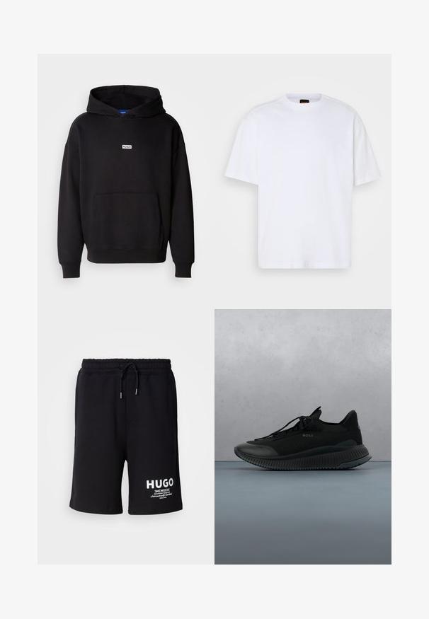 Schwarzer Kapuzenpullover aus weichem Stoff, mit einer vorderen Kängurutasche und einem kleinen weißen "HUGO"-Logo auf der Brust.; Weißes Baumwoll-T-Shirt mit Rundhalsausschnitt, kurzen Ärmeln und lässiger Passform. Verfügt über strukturierte Schulternaht für zusätzliche Details.; Schwarze Baumwollshorts mit einem elastischen Bund und Kordelzug. Weißes "HUGO"-Logo am linken Bein. Einfaches Design, knielanger Schnitt.; Schwarzer Sportschuh mit einem Obermaterial aus Mesh, Gummisohle und Schnürdesign. Verfügt über eine strukturierte Oberfläche und dezente Markenkennzeichnung an der Seite.