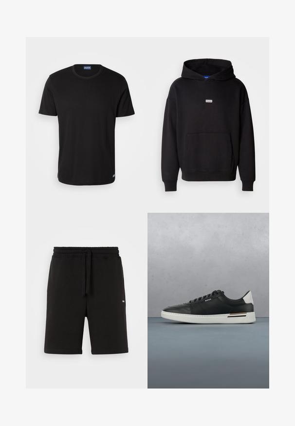 Sudadera con capucha negra hecha de un tejido suave, con un bolsillo canguro en la parte delantera y un pequeño logo blanco "HUGO" en el pecho.; Camiseta de manga corta negra hecha de algodón, con cuello redondo y una pequeña etiqueta con el logo en el dobladillo. Textura suave, corte regular.; Pantalones cortos de algodón negros con cintura elástica y cordón. Presentan bolsillos laterales y un pequeño logo en la parte frontal. Textura suave.; Zapatilla de cuero negra con suela blanca, cuenta con perforaciones, diseño de cordones, logo en el costado y detalle del talón en blanco y marrón.