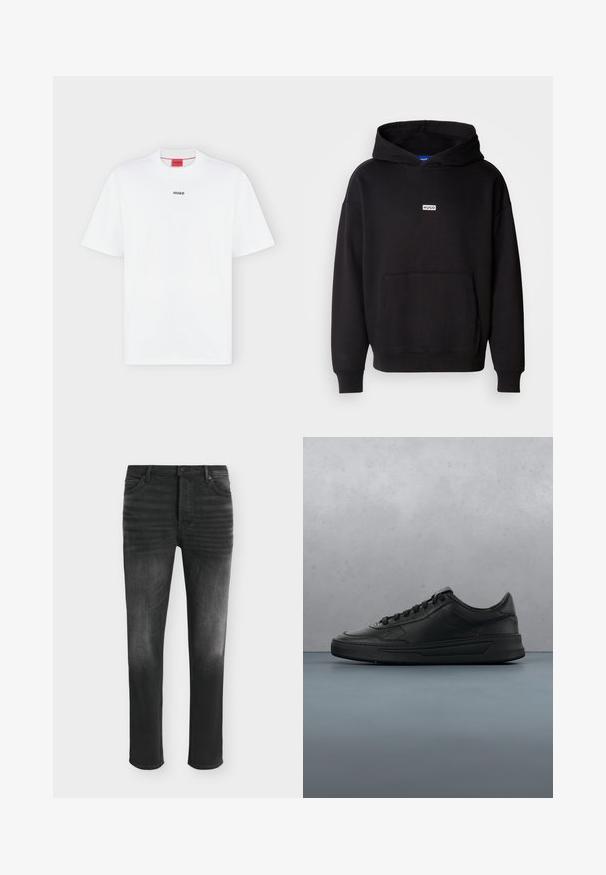 Sort hættetrøje lavet af blødt materiale, med en front kangaroo lomme og et lille hvidt "HUGO" logo på brystet.; Hvid T-shirt med korte ærmer med lille sort "HUGO" logo centreret på brystet og et rødt mærke inde i kraven.; Sorte skinny-fit jeans med falmede detaljer, fem-lomme-stil og knaplukning i taljen.; Sort sneakers med glat læderoverdel, rund tå, flade snørebånd, polstret krave og minimalistisk design. Gummisål med subtilt mønster.