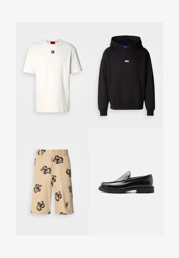 Sudadera con capucha negra hecha de un tejido suave, con un bolsillo canguro en la parte delantera y un pequeño logo blanco "HUGO" en el pecho.; Camiseta de algodón blanca con cuello redondo, mangas cortas y un pequeño logotipo cuadrado negro con "HUGO" en el pecho. Diseño sencillo, textura suave.; Pantalones cortos beige con un patrón floral de hibisco negro. Cuentan con una cinturilla elástica y un detalle de logo en el lado inferior. Están hechos de una tela ligera.; Mocasín de cuero negro con suela de goma gruesa, empeine cosido y nombre de la marca en relieve en el talón, mostrado en perfil lateral sobre fondo blanco.