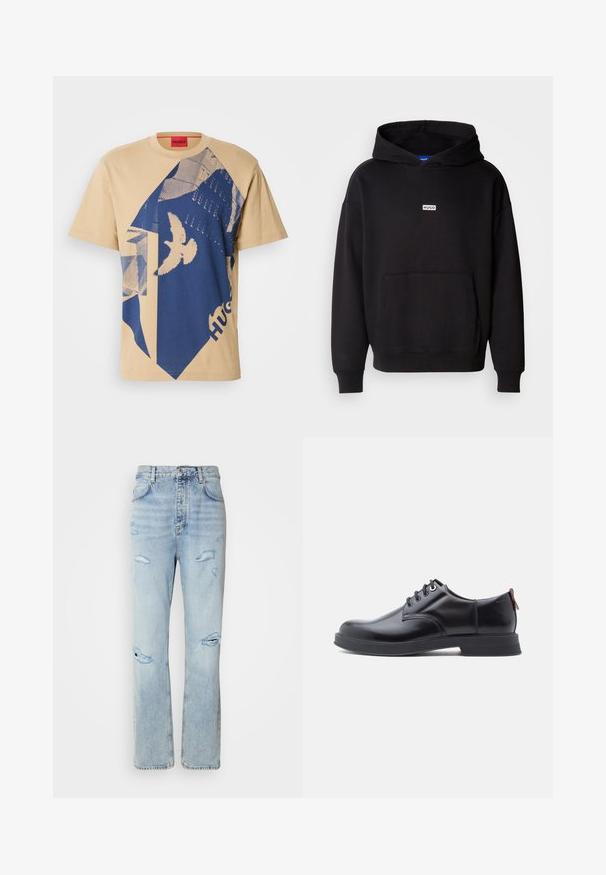 Zwarte hoodie van zachte stof, met een voorkant kangaroo zak en een klein wit "HUGO" logo op de borst.; Beige katoenen t-shirt met een blauw geometrisch patroon en een vogelontwerp. Rode label met "HUGO" bij de hals. Korte mouwen, ronde hals.; Licht gewassen denim jeans met een ontspannen pasvorm, voorzien van versleten plekken en rafelige randen. De stof heeft een zachte, gladde textuur.; Zwarte leren veter schoenen met een gladde textuur, ronde neus en subtiel stiksel detail. Voorzien van een rode trekband op de hiel.