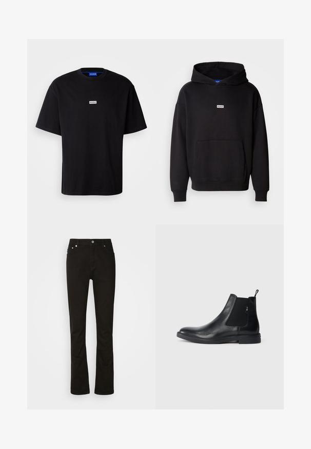 Schwarzer Kapuzenpullover aus weichem Stoff, mit einer vorderen Kängurutasche und einem kleinen weißen "HUGO"-Logo auf der Brust.; Schwarzes Baumwoll-T-Shirt mit Rundhalsausschnitt, kurzen Ärmeln und einem weißen rechteckigen "HUGO"-Logo auf der Brust. Glatte Textur, lockere Passform.; Schwarze Jeans aus Denim mit geradem Bein, ausgestattet mit vorderen Taschen, einem Reißverschluss und silbernen Hardware-Details. Glatte Textur, ohne Muster.; Schwarze Leder Chelsea-Boots mit elastischen seitlichen Einsätzen, einer Zugschlaufe und einer flachen Gummisohle. Glatte Textur mit minimaler Ausgestaltung.