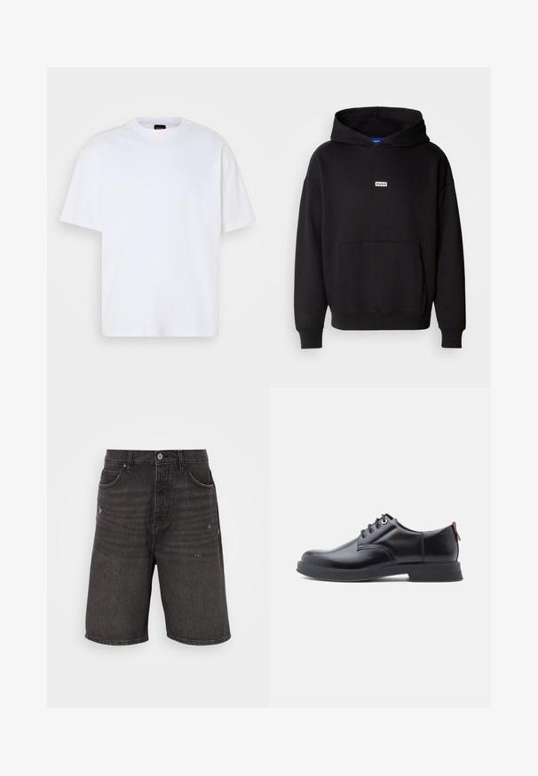 Sort hættetrøje lavet af blødt materiale, med en front kangaroo lomme og et lille hvidt "HUGO" logo på brystet.; Hvid bomulds T-shirt med rund hals, korte ærmer og en afslappet pasform. Har strukturerede skuldersømme for ekstra detaljer.; Sorte denim shorts med afslappet pasform, der har frontlommer, en slidt tekstur og et klassisk taljebånd med en enkelt knaplukning.; Sorte snørestøvler i læder med glat tekstur, rundet tå og diskrete syningsdetaljer. Har en rød trækflig på hælen.