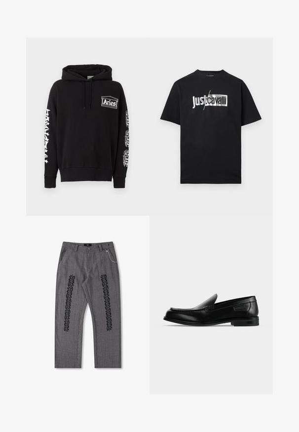 Sweat à capuche noir avec logo blanc « Aries » sur la poitrine, texte blanc de style gothique sur la manche gauche, et motifs graphiques blancs sur la manche droite.; T-shirt noir à manches courtes avec logo "Just cavalli" argenté, présentant "Just" en gras et "cavalli" sur un fond rectangulaire métallique.; Pantalons à carreaux gris avec des détails en texte noir sur les côtés, présentant un accent de chaîne sur la taille. Conception à jambe droite, tissu texturé.; Mocassin noir en cuir à enfiler avec un petit talon, un bout arrondi et des surpiqûres décoratives le long du bord supérieur.