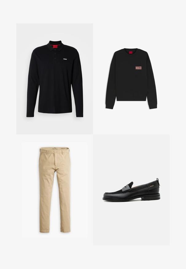 Sweat-shirt noir à manches longues avec un petit écusson logo "HUGO" rouge et blanc sur la poitrine gauche et une étiquette rouge au col.; Polo-shirt noir à manches longues en coton, avec un col rouge et une patte de boutonnage à trois boutons, arborant un logo "HUGO" blanc sur la poitrine.; Chinos beiges en coton avec une coupe droite. Comprend une fermeture à bouton à l'avant, des passants de ceinture et des poches latérales. Texture lisse.; Mocassin en cuir noir avec détail de bride grise, talon bas et semelle texturée, marqué "HUGO" en or sur le côté.