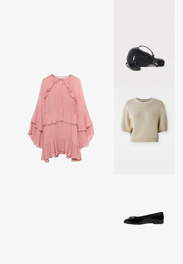 Beige gebreide korte mouwen trui met een ronde halslijn. Heeft een gestructureerde, losse weefsel en ribgebreide boorden voor een gestructureerde pasvorm.; Roze chiffon jurk met een relaxte pasvorm, met ruches bij de halslijn, mouwen en zoom, en een striksluiting bij de nek.; Zwarte lakleren ballerina met een spitse neus, een gladde textuur en een goudkleurige gespaccent op de bovenkant.; Zwarte handtas in de vorm van een elektrische gitaar met reliëf snaren, ritssluiting en polsbandje op een witte achtergrond.