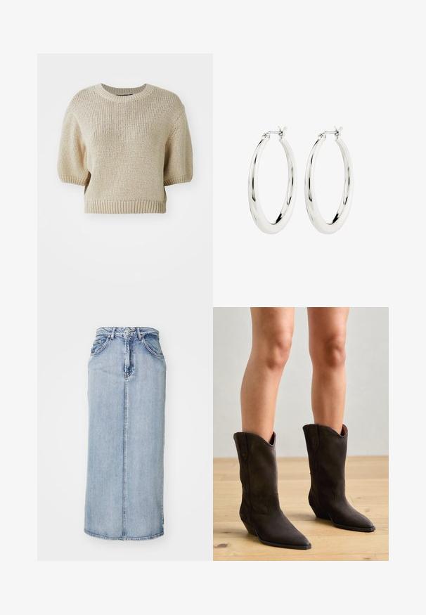 Beige strikket kortærmet sweater med rund hals. Har en struktureret pasform med tekstureret, løst væv og ribbede kanter.; Lyseblå denim midi-nederdel med en tætsiddende talje, forstænk og sidelommer; har en let falmet tekstur.; Pavement NIKKI - Cowboy- / bikerstøvler - brown; Sølvøreringe i form af hoops med en glat, blank finish. Cirkulær form, der har en sikker lås. Simpelt og elegant design.