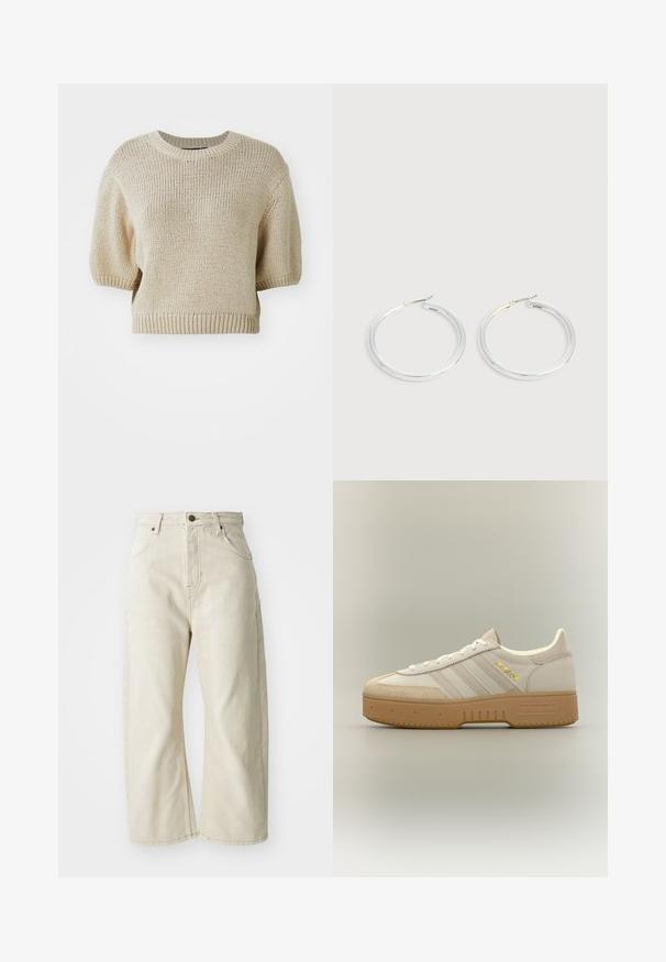 Beige strikket kortærmet sweater med rund hals. Har en struktureret pasform med tekstureret, løst væv og ribbede kanter.; Beige wide-leg jeans lavet af bomuldsdenim, med høj talje, fem lommer og en subtil falmet tekstur. Messingknap lukning.; Krem- og beige Adidas-sneaker med gummisål, tre striber på siden og "SPECIAL" skrevet i guld nær snørebåndene.; Par skinnende sølvøreringe med tynde trådlåse, vist på en lys grå baggrund.