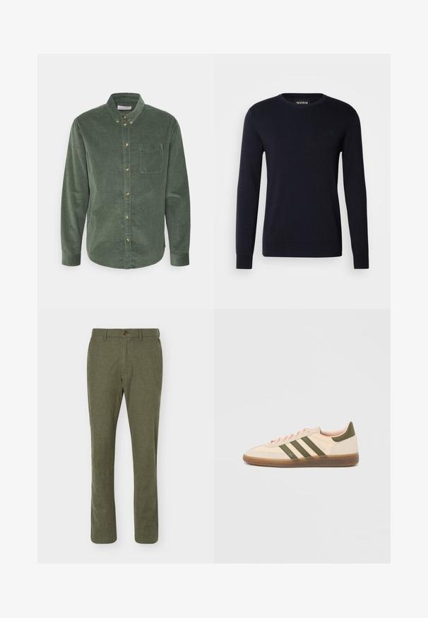 Pull en coton bleu marine à manches longues, col rond et poignets côtelés. Dispose d'un petit logo brodé sur la poitrine.; Chemise boutonnée en velours côtelé vert, à manches longues, avec un col, une poche avant et des boutons dorés. Elle présente un tissu texturé et un ourlet incurvé.; Pantalon à jambe droite vert olive avec fermeture par bouton et zip, passants de ceinture, et coupe slim.; Baskets beige discrètes Adidas Spezial avec des bandes vertes, une semelle en caoutchouc et le logo "SPEZIAL" sur le côté, vues de l'extérieur.