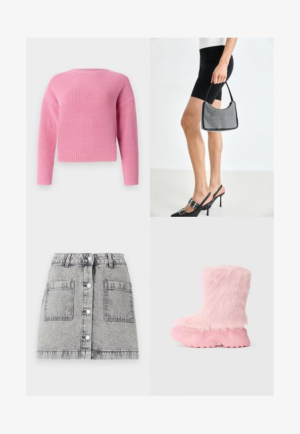 Roze gebreide trui met een kort ontwerp, lange mouwen en een geribbelde textuur. Eenvoudige ronde halslijn en geen zichtbare sluitingen.; Lichtgrijze denimrok met een vervaagde textuur, voorzien van een knoopsluiting aan de voorkant, twee grote zijzakken en een rechte snit.; Robuuste roze laars met een gestructureerde zool en een zachte, fluffige nepbont die de gehele bovenkant bedekt.; Zwarte beaded handtas met een gebogen silhouet, draaghandvat en glanzende textuur. Draagt bij hoge zwarte hakken en strakke zwarte shorts.