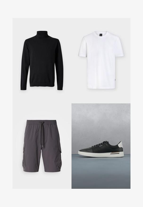 Schwarzer Langarm-Rollkragenpullover mit geripptem Kragen, Bündchen und Saum auf einfarbig hellem grauem Hintergrund.; Schlichtes weißes T-Shirt mit kurzen Ärmeln und Rundhalsausschnitt, mit einem kleinen schwarzen Markenetikett am Kragen und dezenter Stoffstruktur.; Graue Cargo-Shorts aus leichtem Stoff, mit einem Kordelzugbund, Seitentaschen und einem leicht lockeren Schnitt.; Schwarze Ledersneaker mit weißer Sohle, ausgestattet mit Perforationen, Schnürdesign, Logo an der Seite und kontrastierenden Fersendetails in Weiß und Braun.