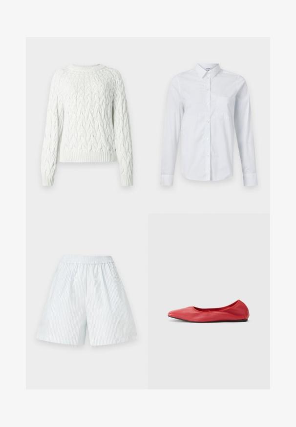 Hvid kabelstrikket sweater med lange ærmer, rund hals og ribbede manchetter. Blød tekstur med et fremhævet mønster over hele kroppen.; Hvid langærmet skjorte lavet af bomuld, med krave, knaplukning foran og en enkelt brystlomme. Glat tekstur. Ingen mønstre.; Lyseblå stribede shorts med elastisk talje. Fremstillet af et glat stof, prydet med lodrette hvide striber og en løs pasform.; Filippa K REY FLATS - Ballerinasko - bright red