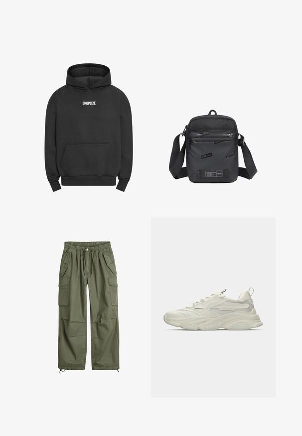 Hoodie noir avec une poche kangourou, des poignets et un ourlet côtelés, arborant "DROPSIZE" brodé en blanc sur le haut de la poitrine. Coupe standard.; Pantalons cargo vert olive avec une taille élastique, cordon de serrage, plusieurs poches latérales et des poignets fuselés. Fabriqués en coton durable.; Baskets blanches épaisses avec accents en mesh, semelle en caoutchouc texturée et forme arrondie. Présente un marquage minimal et une languette de tirage à l'arrière.; Sac bandoulière noir en matériau durable, avec un panneau avant texturé portant des logos en relief, une bandoulière ajustable et des compartiments zippés.