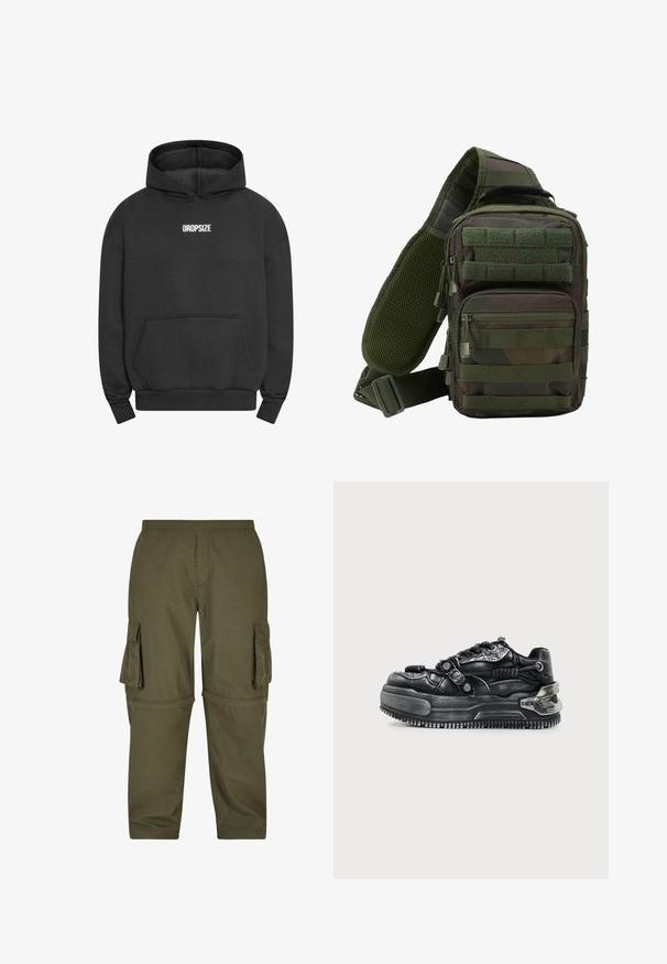 Sudadera negra con un bolsillo tipo canguro, puños y dobladillo acanalados, con "DROPSIZE" bordado en blanco en la parte superior del pecho. Corte estándar.; Pantalones cargo verde oliva hechos de tejido ligero, con varios bolsillos laterales, una cintura elástica y un diseño de corte recto.; Zapatilla chunky negra con suela gruesa, diseño con cordones, correas texturizadas y detalles metálicos en el talón y los lados sobre un fondo claro.; Mochila tipo bandolera en camuflaje verde con múltiples bolsillos con cremallera, una correa ajustable y un panel trasero de malla para ventilación.