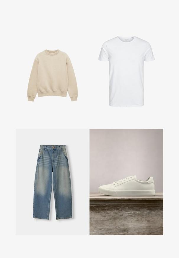 Beige sweater met ronde hals, lange mouwen en geribbelde boorden en zoom, getoond op een witte achtergrond.; Ronde hals kortemouwen t-shirt in effen wit, gemaakt van zachte katoen, heeft een eenvoudig ontwerp zonder zichtbare patronen of accenten.; Lichtblauwe denim broek met wijde pijpen en een vervaagde afwerking, vijf zakken ontwerp en een ruwe zoom. Voorzien van een knoop- en ritssluiting aan de voorkant.; Witte vetersneaker die boven een houten bank zweeft met groene bladeren op de achtergrond, waarbij het ontwerp en de textuur van de schoen worden getoond.