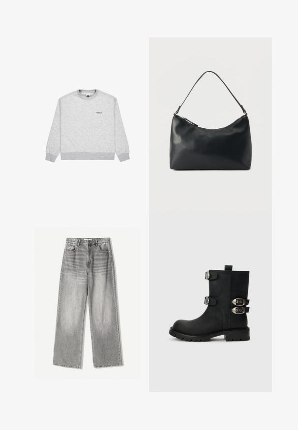 Grå sweatshirt med rund hals og ribbede manchetter, med "ELEMENT CO. SINCE 1992" logo trykt på brystområdet.; VIDEAJEANS i falmet sort denim med høj talje, der har fem lomme design og kontrasterende syning for tekstur.; Sort læderankelstøvle med en rundet tå, der har to sølvspænder, en robust sål og en trækflig bagpå.; Sort skuldertaske i struktureret læder med buet toplynlås og enkelt justerbar rem mod ensfarvet baggrund.