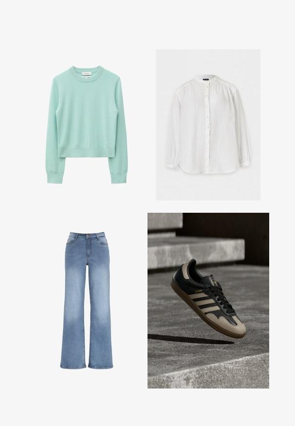 Mintgroene kasjmier trui met lange mouwen en ronde hals, met geribbelde manchetten en zoom, weergegeven op een witte achtergrond.; Witte blouse met lange mouwen, een mandarijnkraag, knoopsluiting aan de voorkant en licht gestructureerde stof, getoond op een effen lichte achtergrond.; Lichtblauwe wijde spijkerbroek van denim. Voorzien van een knoopsluiting, vijf zakken en stiksels. Gladde textuur met een lichte vervaging.; Zwarte en beige leren sneaker met drie witte strepen, een beige rubberen zool en gouden "Samba"-details aan de zijkant.