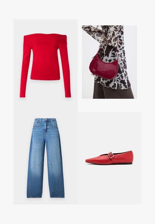 Rode off-the-shoulder long-sleeve top gemaakt van ribstof. Strakk ontwerp met een brede kraag en een gladde textuur.; Hoge taille, wijde jeans in lichtblauwe denim met een vervaagd effect, voorzien van een knoopsluiting, vijf zakken en stikseldetails.; Rode leren platte schoen met een spitse neus, voorzien van een zijkant band met een metalen gesp en een lage zwarte hak. Gladde textuur overal.; Vrouw met een zwart-wit gebloemde blouse houdt een glanzende rode schoudertas vast tegen een effen achtergrond.