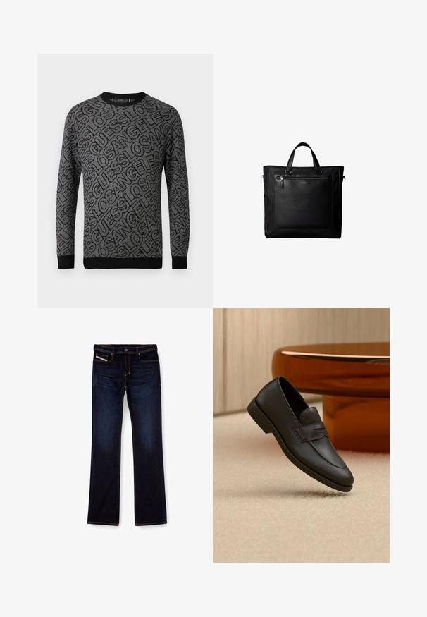 Schwarzer und grauer gestrickter Pullover mit einem Allover-Muster des Wortes "LOS ANGELES". Rippbündchen an den Ärmeln und am Halsausschnitt betonen das Design.; Dunkelblaue Jeans aus Denim mit geradem Bein, ausgestattet mit orangefarbenen Nähten, einem Reißverschluss und Vordertaschen. Glatte Textur und Standardbund.; Schwarzer Lederloafer mit niedrigem Absatz, abgesteppten Details und einem markierten Riemen, auf einem beigen Teppich neben einem runden Holztisch platziert.; Schwarze Tragetasche mit Doppelgriffen, großer vorderer Ledertasche mit Reißverschluss und dezentem Calvin Klein-Logo in der Mitte der Tasche.