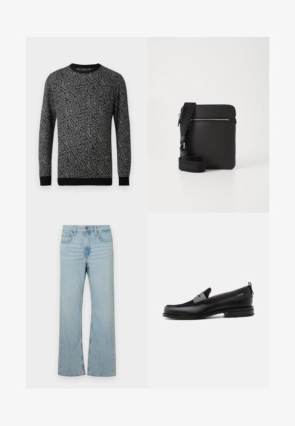 Suéter de punto en negro y gris con un patrón de la palabra "LOS ÁNGELES" en toda la prenda. Los puños y el escote acanalados destacan el diseño.; Jeans de mezclilla de corte acampanado de un azul claro, con una cintura de altura media, cinco bolsillos y costuras en contraste. Incluyen una cremallera y un cierre de botón metálico.; Mocasín de cuero negro con detalle de tira gris, tacón bajo y suela texturizada, con la marca "HUGO" en oro en el lateral.; Bolso cruzado de cuero negro con superficie texturizada, bolsillo frontal con cremallera y correa de tela ajustable. Diseño cuadrado simple.