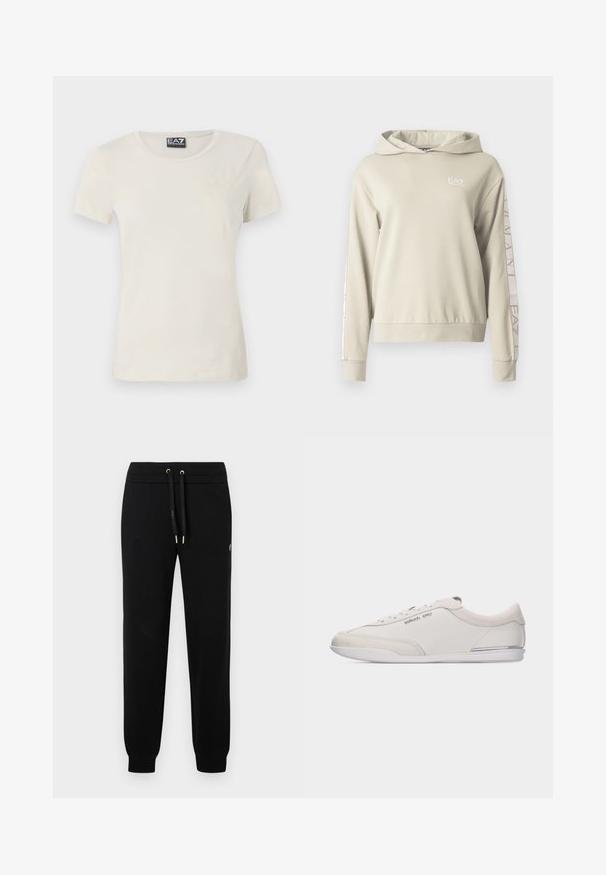 Sweat à capuche beige clair avec une finition texturée, arborant le logo EA7 sur la poitrine et un marquage le long des manches.; T-shirt beige clair à manches courtes en tissu doux, avec un col ras du cou et un motif subtil à l'avant près du coin supérieur gauche.; Pantalons de jogging noirs avec taille élastique et cordon de serrage, poignets côtelés, et détail de logo subtil sur la jambe.; Baskets basses blanc cassé et beige à lacets, avec des détails en cuir lisse et en daim, arborant un petit logo Michael Kors sur le côté.