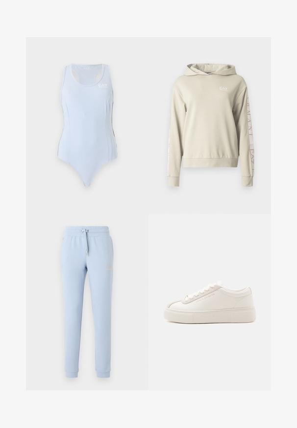 Sweat à capuche beige clair avec une finition texturée, arborant le logo EA7 sur la poitrine et un marquage le long des manches.; Justaucorps de sport bleu clair sans manches avec dos nageur et petit logo blanc EA7 sur le haut du côté gauche de la poitrine.; Pantalon de jogging bleu clair avec chevilles élastiquées, taille à cordon, poches latérales et logo texte discret sur la cuisse gauche.; Sneakers basses blanches avec une semelle épaisse, un laçage à l’avant et un marquage subtil Armani Exchange sur le côté et la semelle, présentées sur un fond uni.