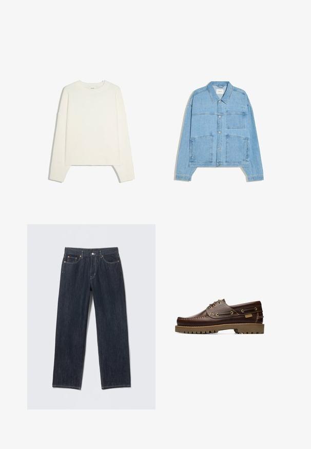 Pull blanc à manches longues avec col rond, poignets et bas côtelés, posé à plat sur un fond blanc.; Veste en denim bleu clair avec manches longues, fermeture par boutons, trois poches avant et col pointu.; Jean en denim bleu foncé à coupe droite, avec passants pour ceinture, poches avant et arrière, et coutures contrastées. Aucun motif ni ornement visible.; Chaussure bateau en cuir marron à lacets avec des détails cousus et une semelle en caoutchouc épaisse, vue de côté.