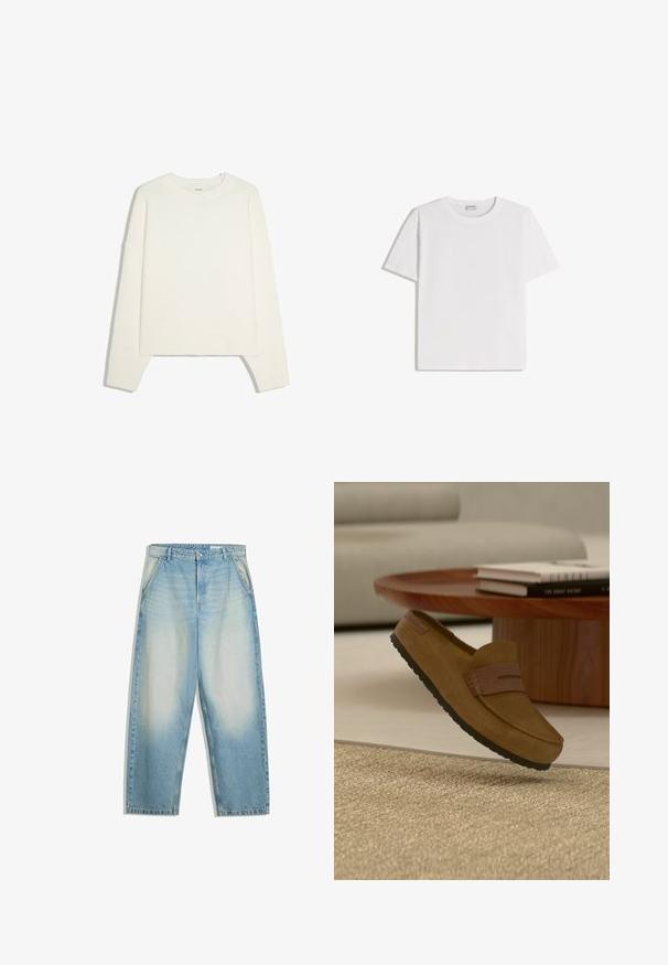 Weißer Langarmpullover mit Rundhalsausschnitt und gerippten Bündchen und Saum, flach auf einem weißen Hintergrund gelegt.; Weißes Baumwoll-T-Shirt mit Rundhalsausschnitt und kurzen Ärmeln. Klassische, kastige Form ohne sichtbare Muster oder Verzierungen.; Hellblaue, ausgewaschene Jeans mit lockerem Sitz, Seitentaschen, Gürtelschlaufen und einem Knopfverschluss an der Taille.; Brauner Wildlederloafer mit schwarzer Sohle, der über einem beigen gewebten Teppich schwebt, runder Holztisch mit gestapelten Büchern und hellgraues Sofa im Hintergrund.