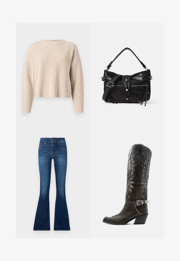 Beige gebreide trui met een ronde hals, lange mouwen en een relaxte pasvorm. Kenmerkt een geribbelde textuur en een cropped zoom.; Uitgebreide jeans van donkerblauwe denim. Voorzien van een sluiting met twee knopen, vijf zakken en vervagingdetails op de benen. Standaard taillebandontwerp.; Zwarte leren cowboylaars met decoratieve uitsnijdingen, zilveren gesp en schuine hak, weergegeven op een witte achtergrond.; Even&Odd by Zalando H24462 - Handtas - black