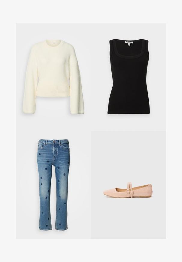Cremefarbener, langärmeliger Strickpullover mit geripptem Bund und rundem Ausschnitt, dargestellt vor weißem Hintergrund.; Schwarzes, geripptes ärmelloses Tanktop mit quadratischem Ausschnitt, figurbetontem Schnitt und Topshop-Etikett am hinteren Kragen.; Hellblaue Jeans aus Denim mit geradem Bein, verziert mit navyblauer floralem Stickerei und einem Used-Look-Effekt nahe den Taschen und dem Saum.; Helle rosa Lacklederschuhe im Ballettstil mit spitzer Zehenpartie, ausgestattet mit zwei verstellbaren Riemen und einer flachen, niedrigen Gummisohle.